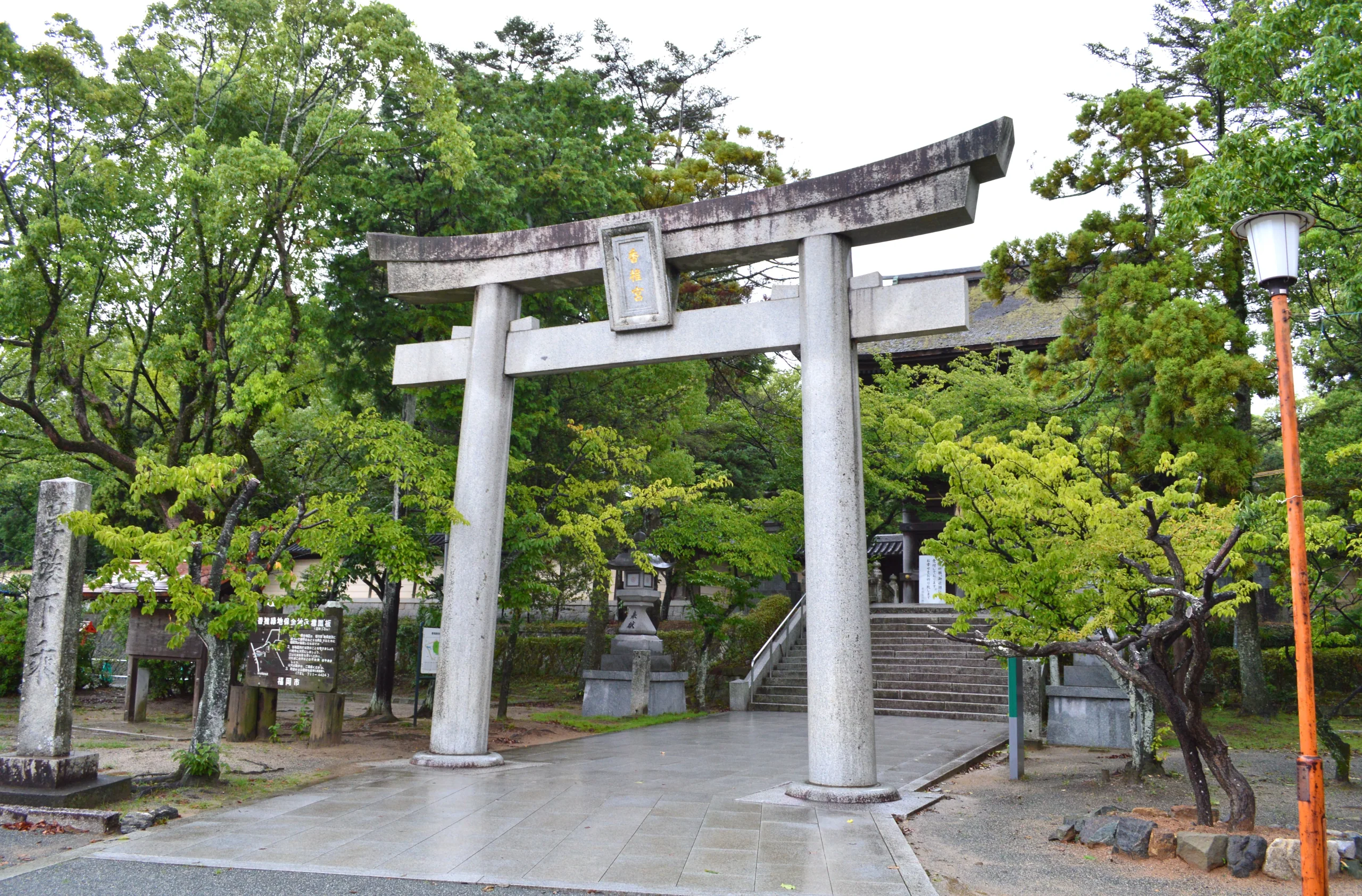 香椎宮參道上的石鳥居、樹木與通往境內的階梯
