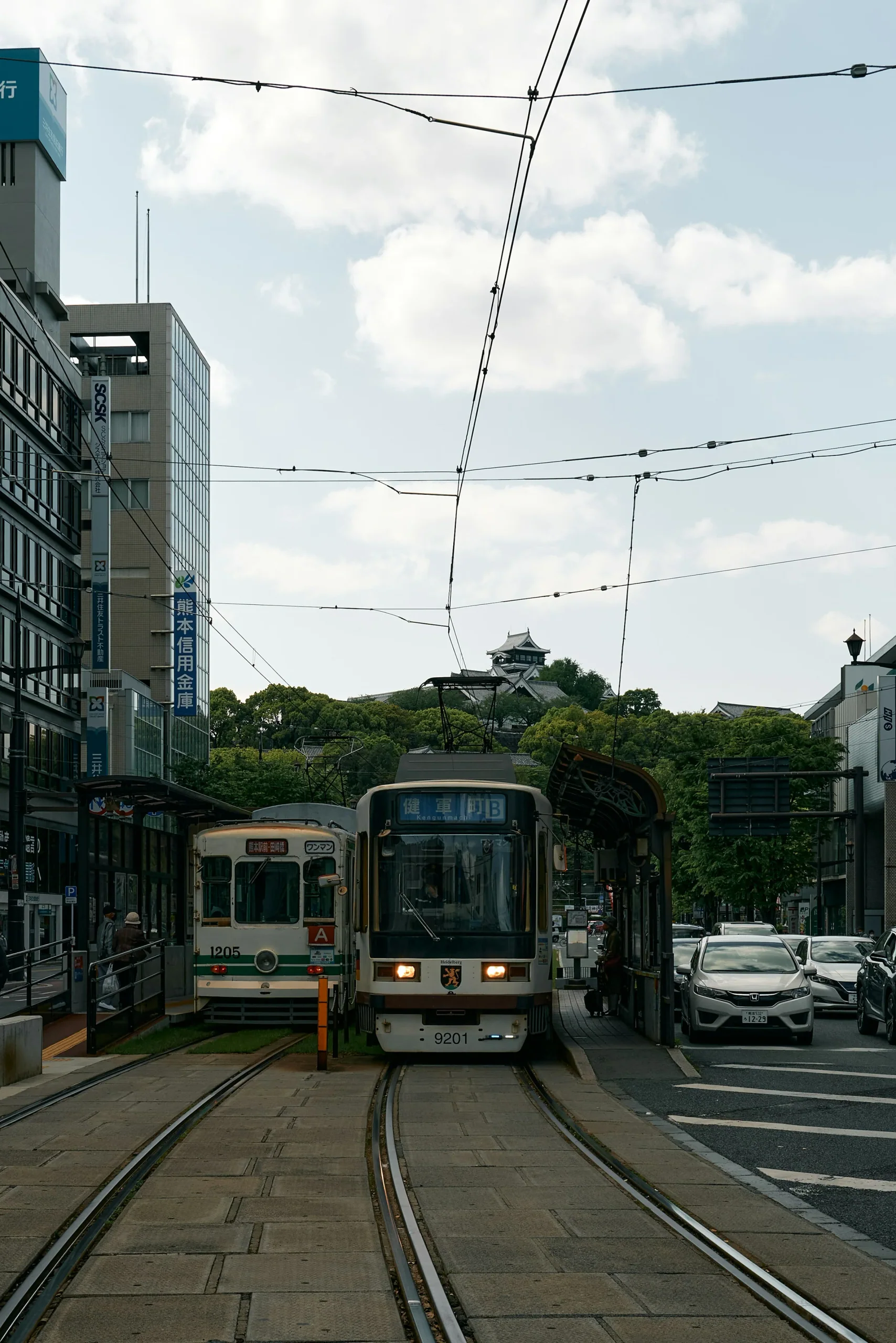 熊本市的黃黑色市電行經城市道路