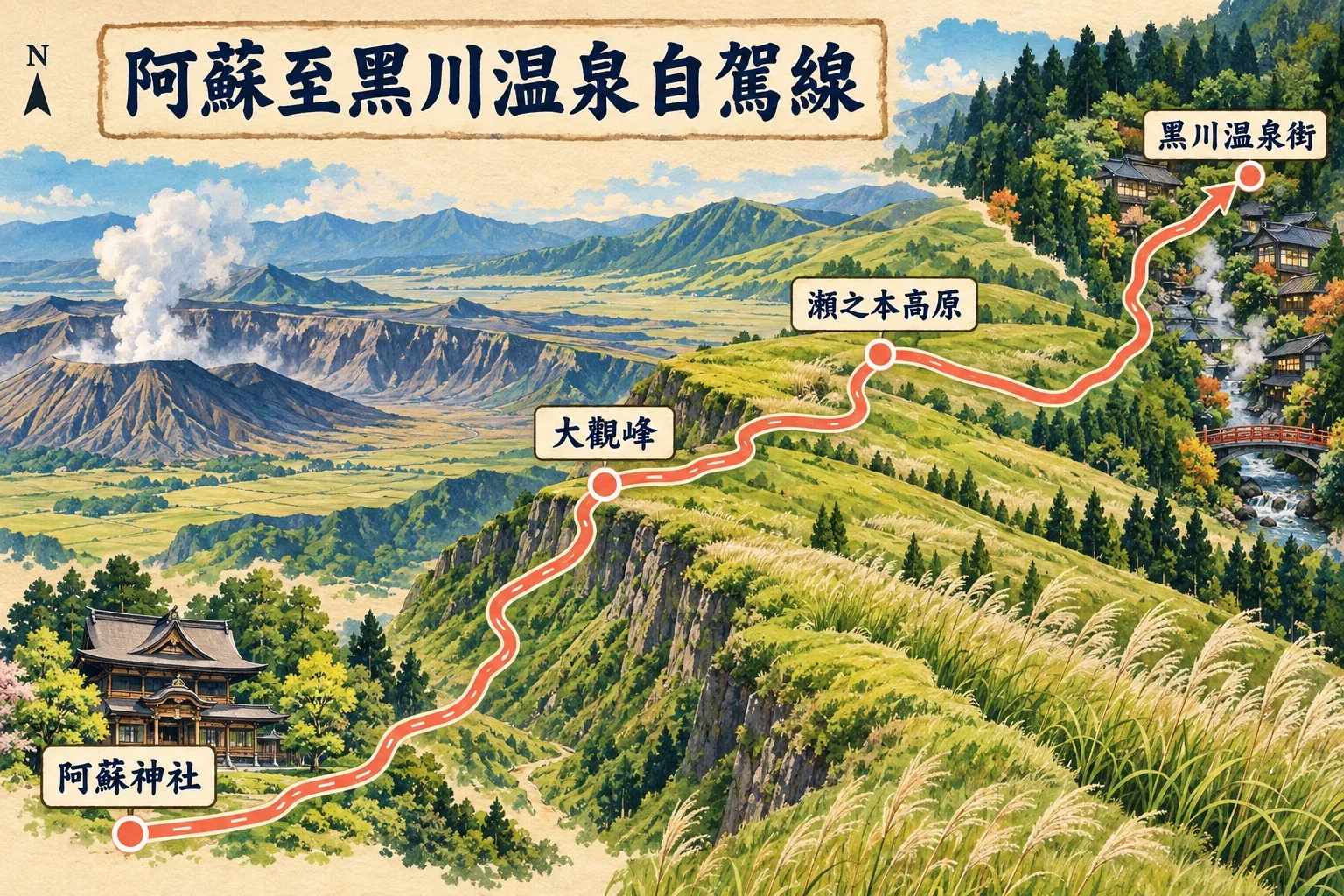 大觀峰、黑川溫泉一帶的自駕路線圖