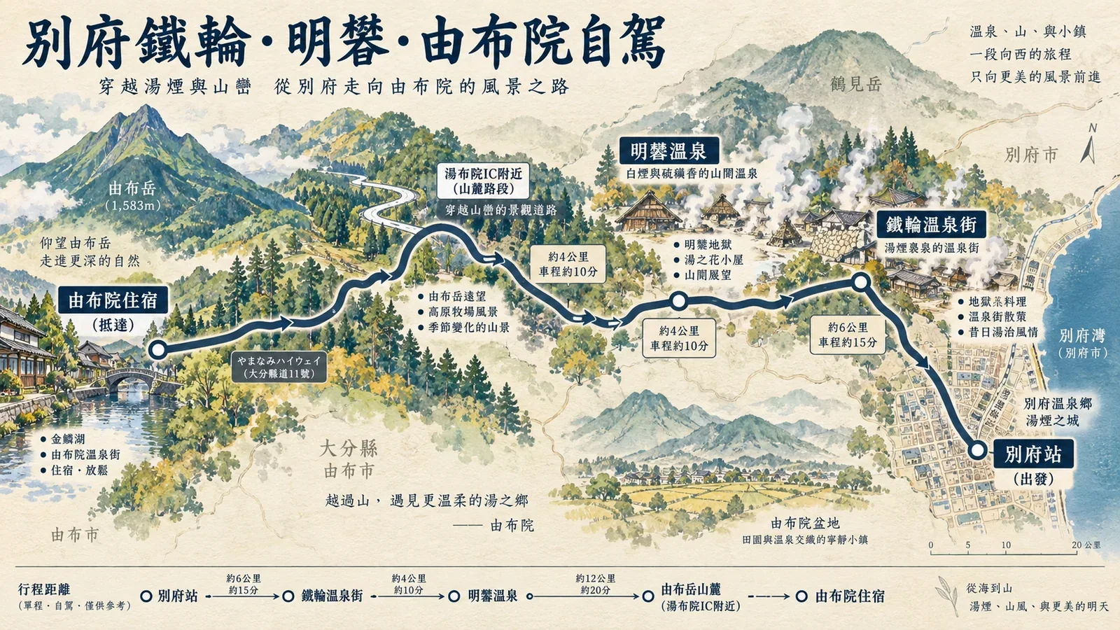 別府鐵輪、明礬與由布院的自駕路線圖