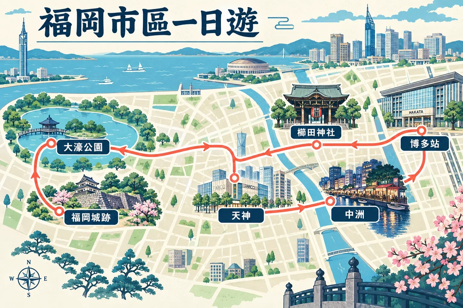 福岡市一日遊路線圖：博多舊市街、櫛田神社、大濠公園、福岡城跡、天神與中洲