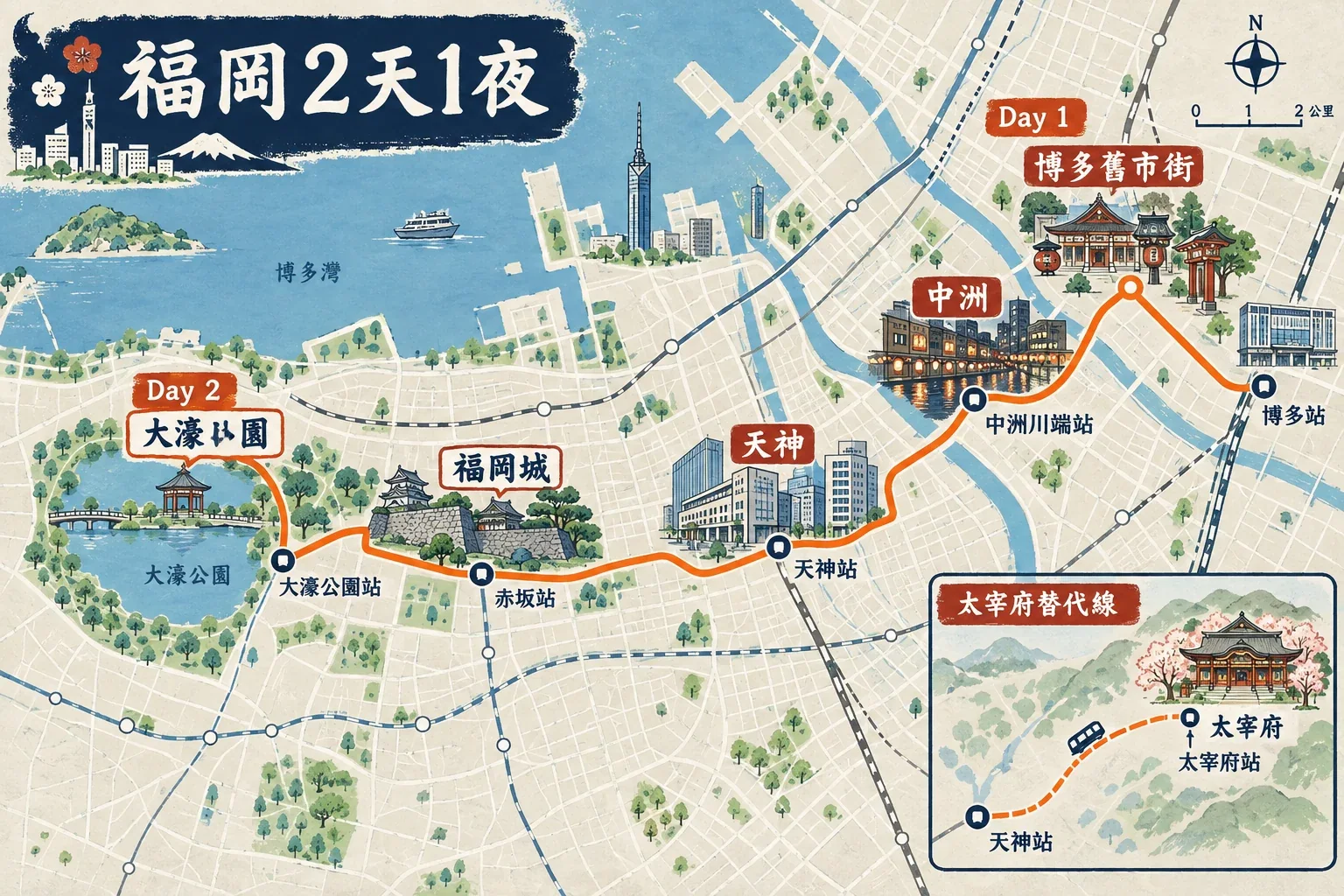 福岡兩天一夜路線圖：第一天博多舊市街與中洲，第二天大濠、福岡城和天神並附太宰府替代線