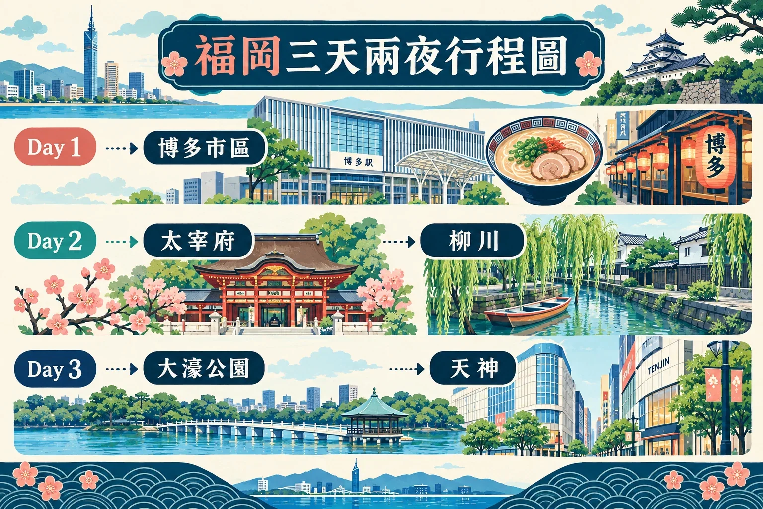福岡三天兩夜路線圖:博多舊市街、太宰府、柳川、大濠公園與天神