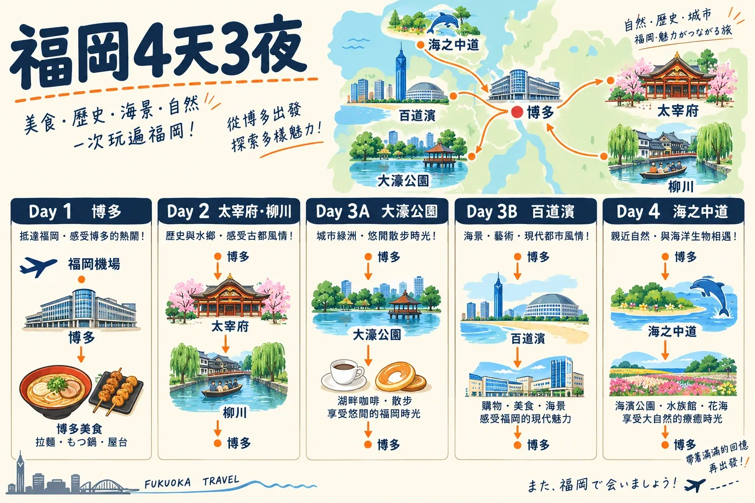 福岡四天三夜路線圖:博多、太宰府柳川、大濠百道或海之中道兩種第三日選擇