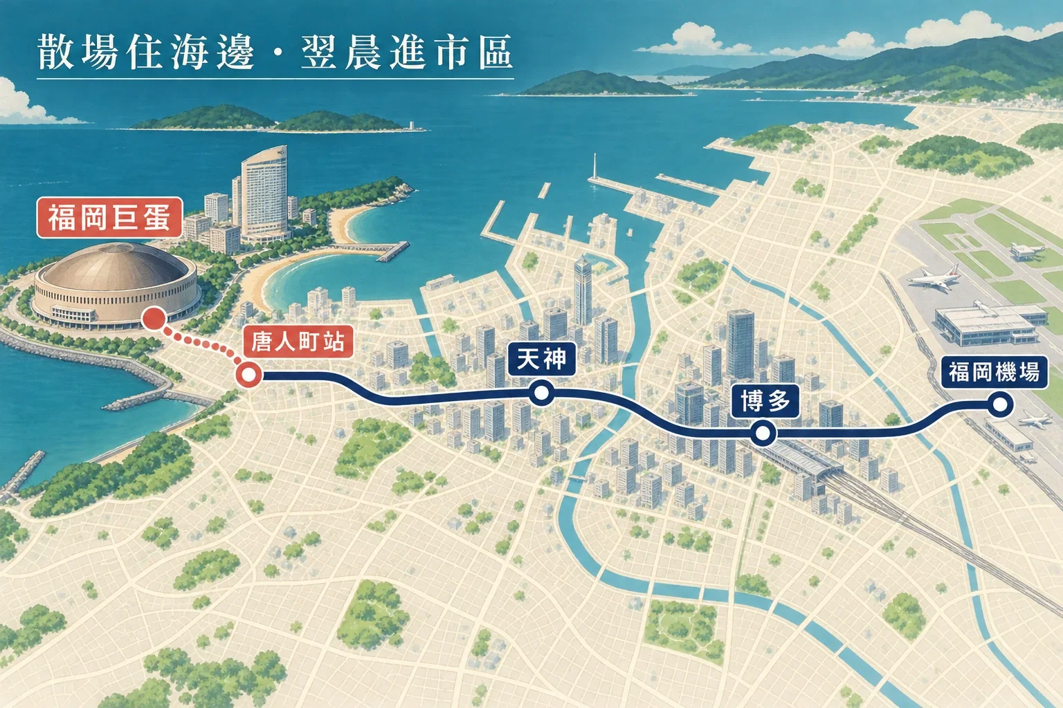 福岡巨蛋演唱會住宿動線示意圖：海濱巨蛋、百道濱、地鐵站與天神博多交通節點