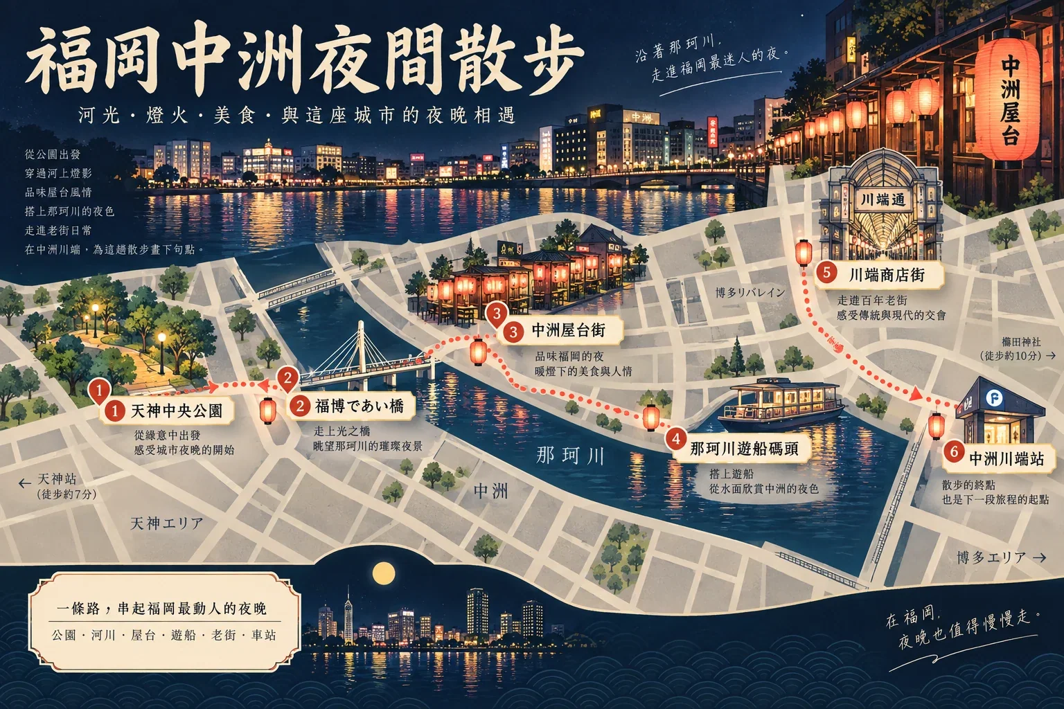 中洲夜遊步行路線與遊船、屋台位置圖