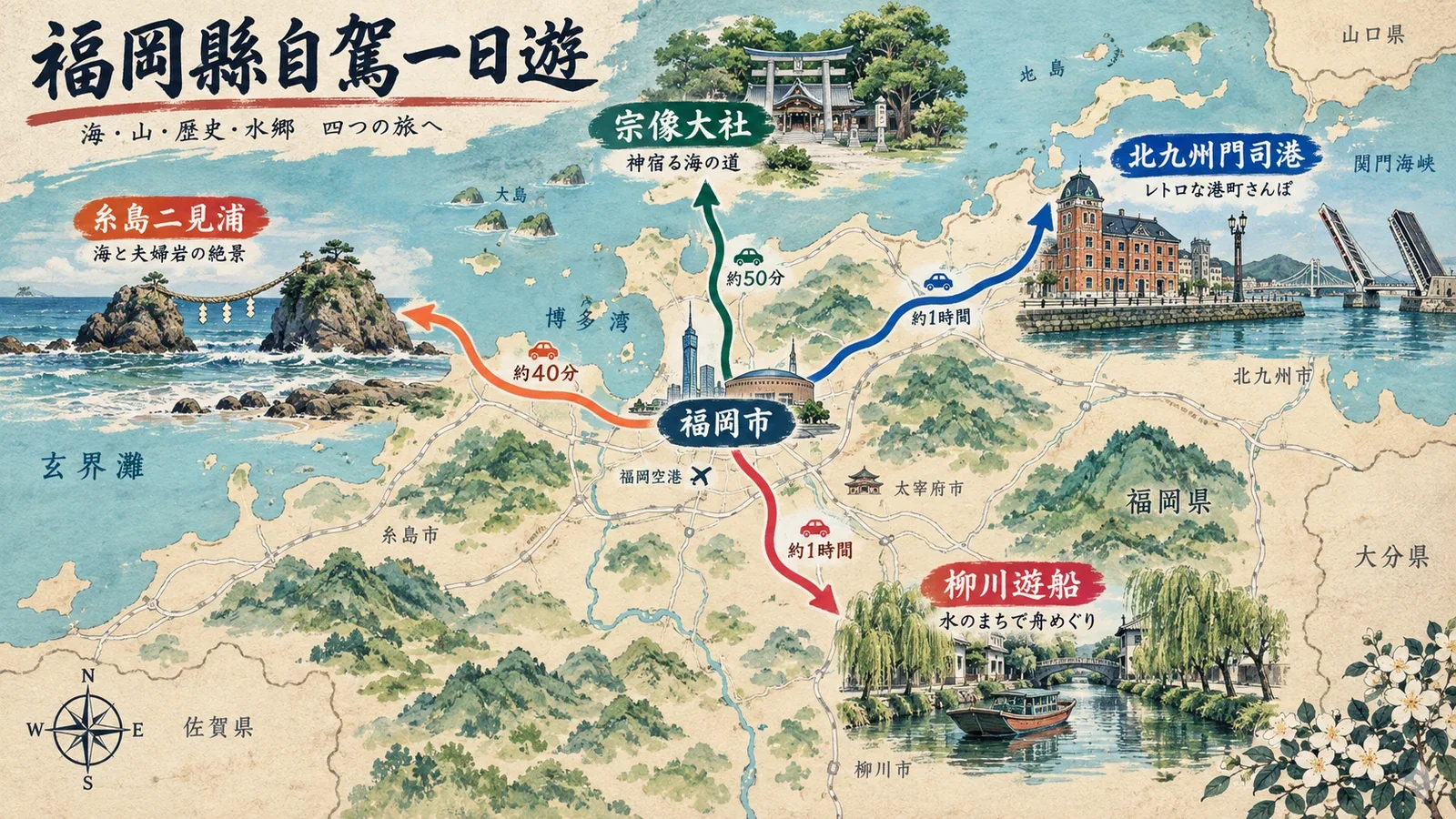 福岡縣自駕一日遊區域圖：以福岡市為基地，分開前往宗像、糸島、柳川與北九州的路線