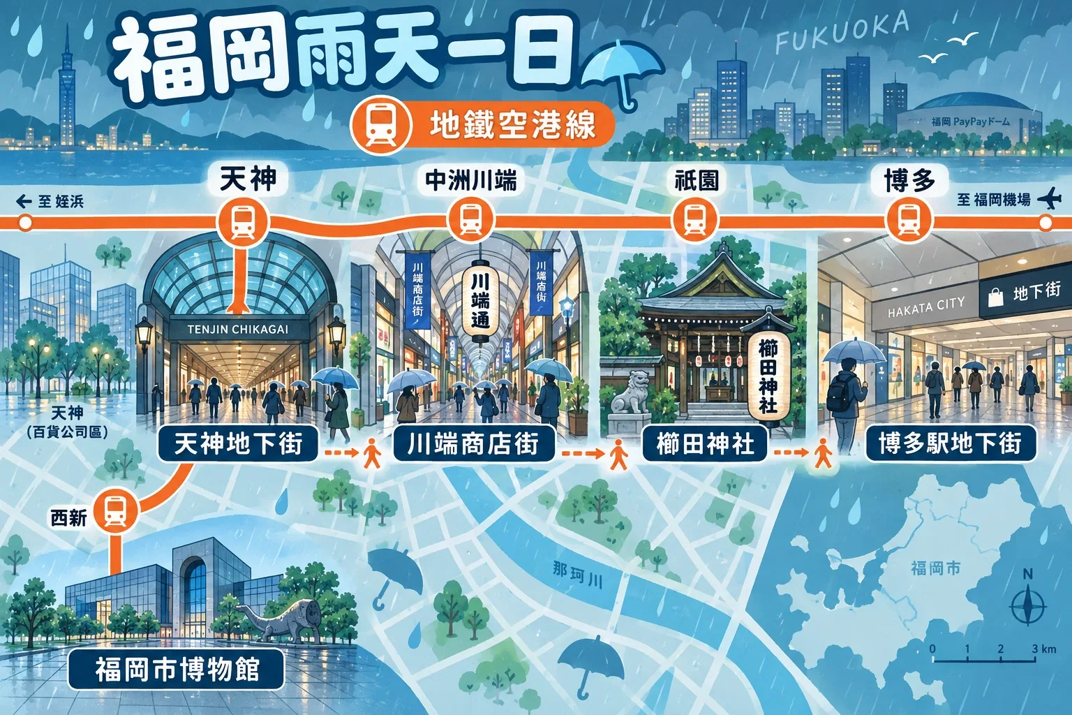 福岡雨天行程示意圖，標出博多、中洲川端和天神一帶