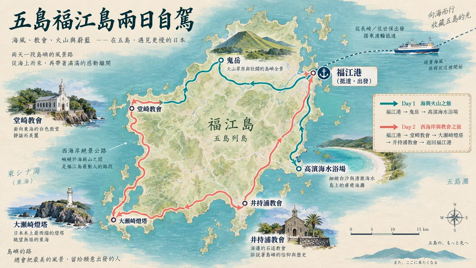 五島福江島自駕路線示意圖:堂崎教會、海岸沙灘、岬角與島內道路