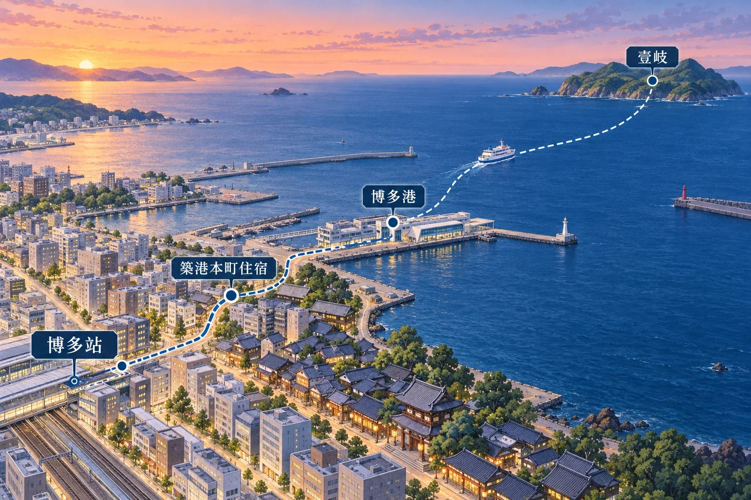 博多站市區、港口碼頭與出海航線的住宿動線圖