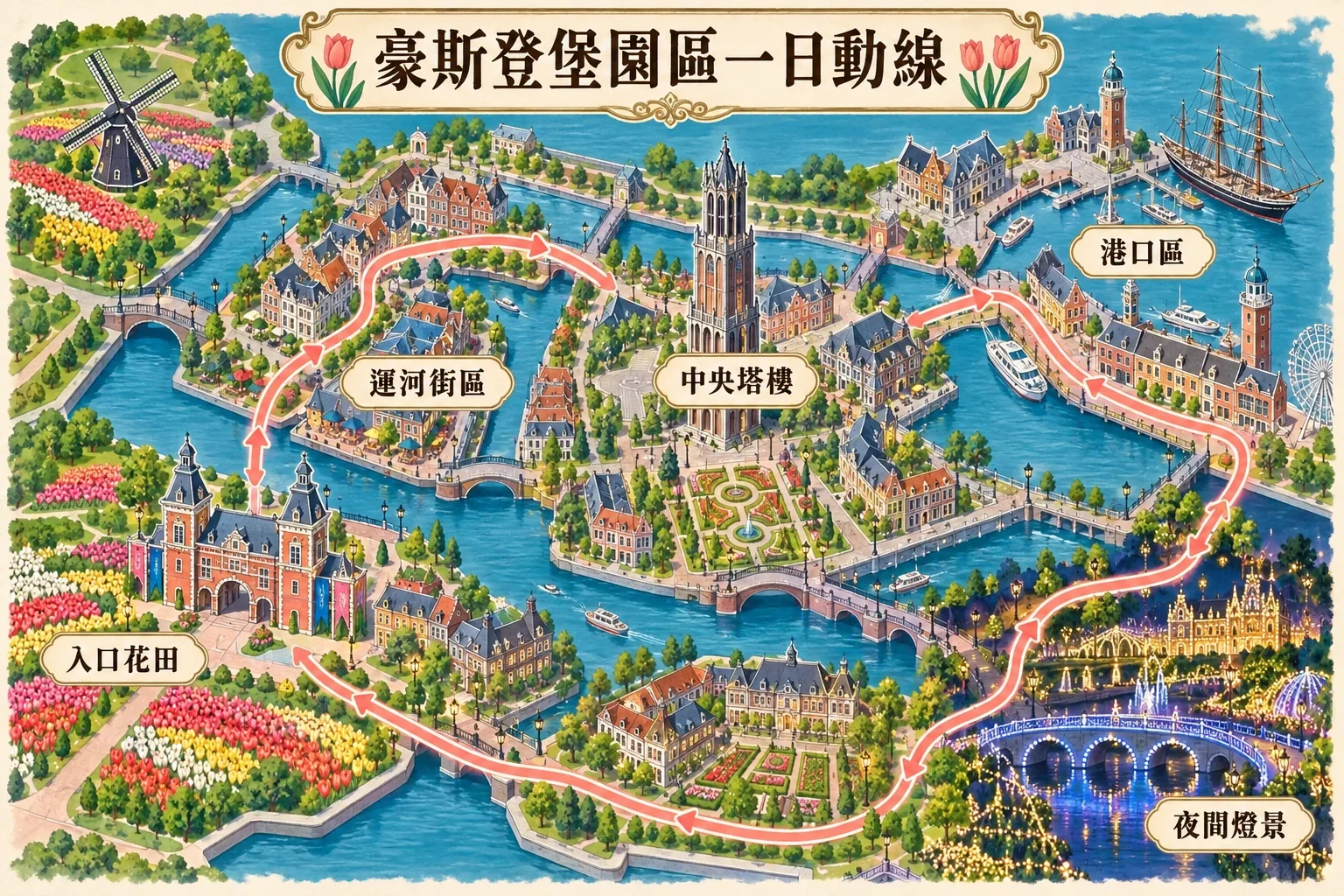 豪斯登堡一日園區路線：入口花田、運河街區、中央塔樓、港口區與夜景動線