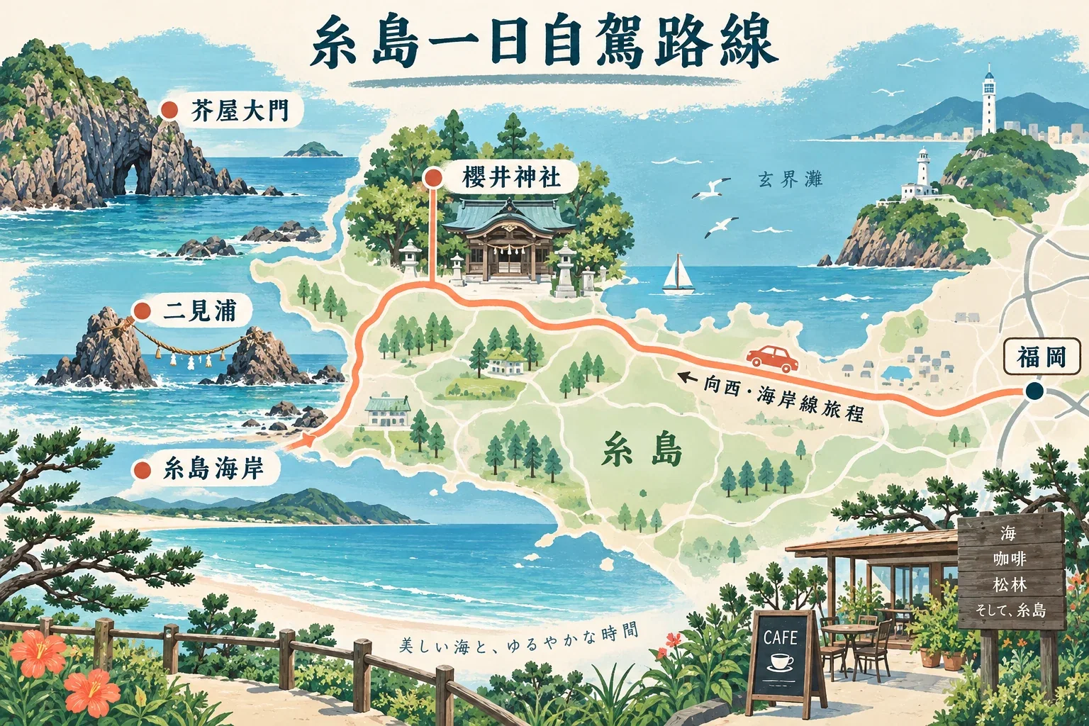 糸島海岸一日路線示意圖：二見浦、櫻井神社、芥屋方向與無車巴士走廊