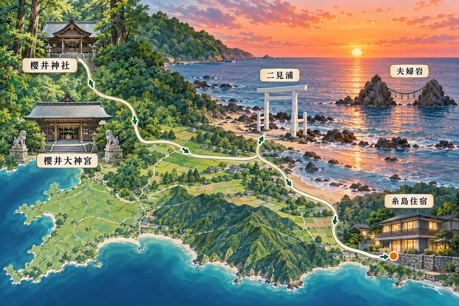 糸島櫻井神社夕陽住宿路線示意圖：海岸鳥居、夫婦岩與福岡西部傍晚海岸線