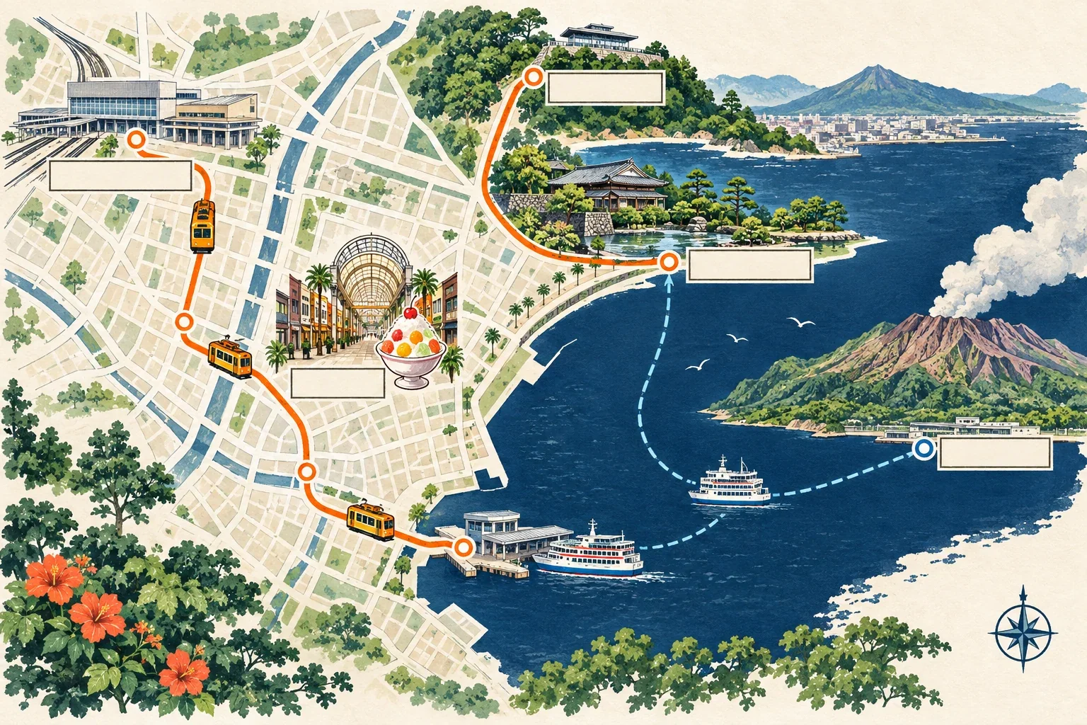 鹿兒島市一日遊路線圖：鹿兒島中央站、天文館、櫻島渡輪、仙巖園與城山展望台