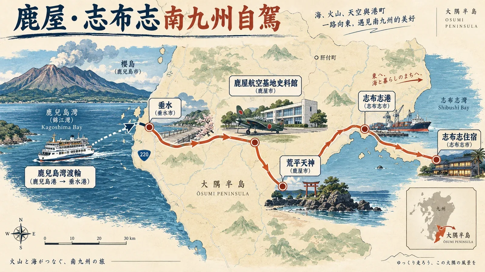 鹿屋至志布志自駕路線示意圖:大隅半島花園、海岸道路與志布志港灣方向