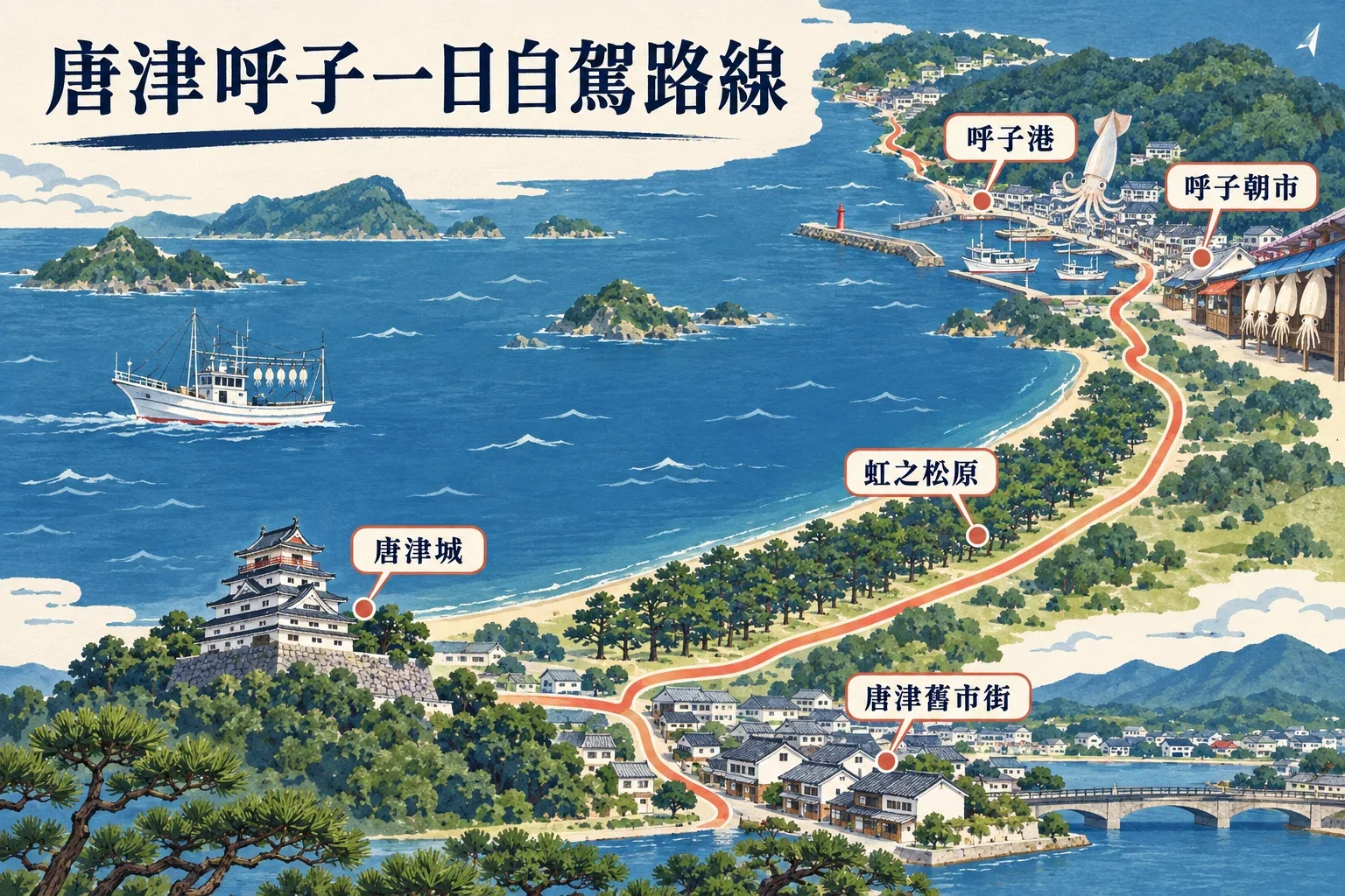 唐津與呼子一日遊路線圖：唐津城下町、海岸線與前往呼子港的交通段