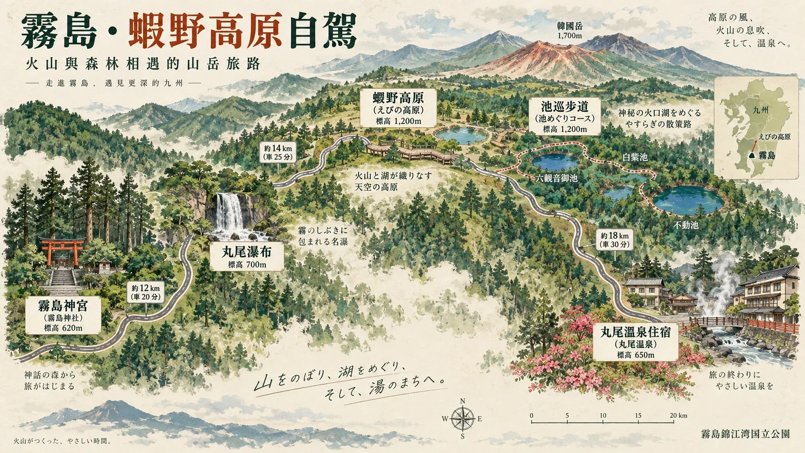 霧島與蝦野高原自駕路線示意圖：由霧島神宮上山，走高原池巡步道後往溫泉區住宿