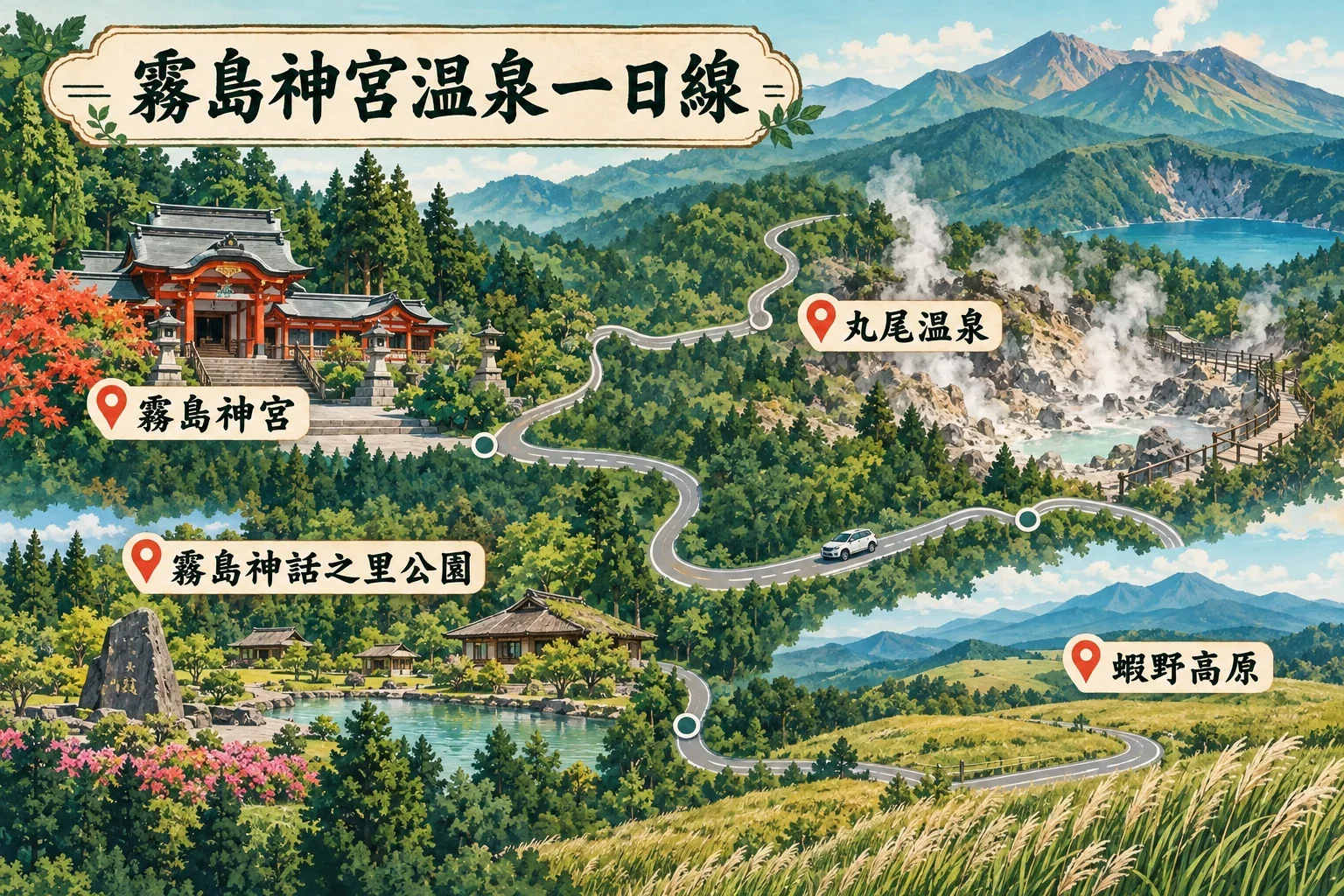 霧島神宮與溫泉一日遊區域圖:神宮、丸尾溫泉與蝦野高原的山路分布
