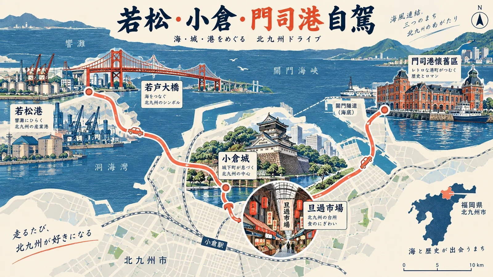 北九州若松、小倉與門司港自駕路線示意圖：工業港灣、若戶大橋、小倉城與懷舊碼頭