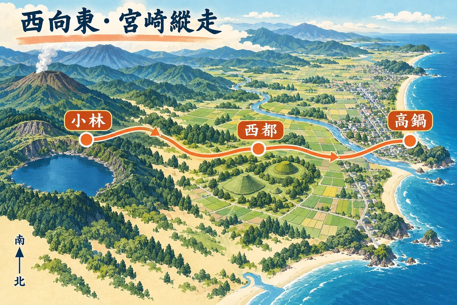 小林、西都與高鍋自駕路線示意圖：火山湖、古墳丘陵與宮崎東岸田園海景