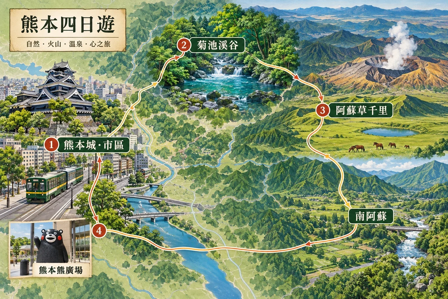 熊本四日路線:市區、阿蘇與南阿蘇的分區安排
