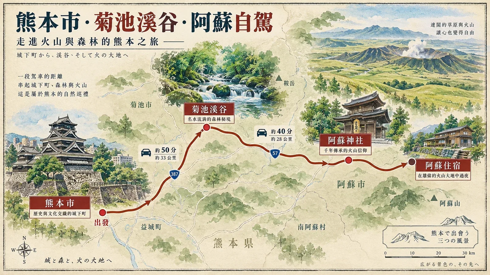 熊本市、菊池溪谷與阿蘇自駕路線圖：由市區經溪谷往阿蘇高原住宿