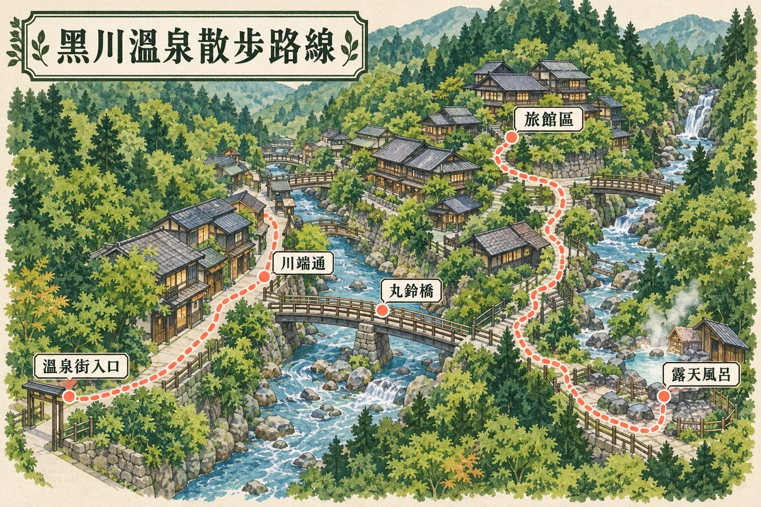 黑川溫泉街區示意圖:溪流兩岸旅館、露天風呂、橋梁與山路交通入口