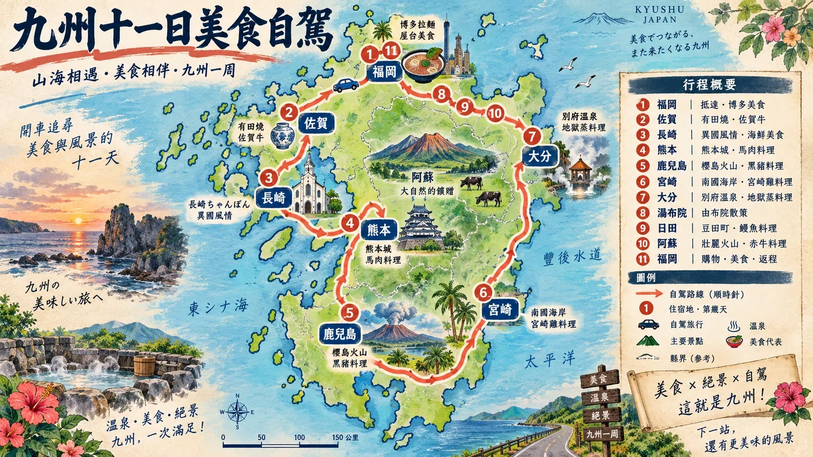 九州十一日福岡出發美食自駕路線示意圖：縣域環線、山區溫泉與東西岸停留