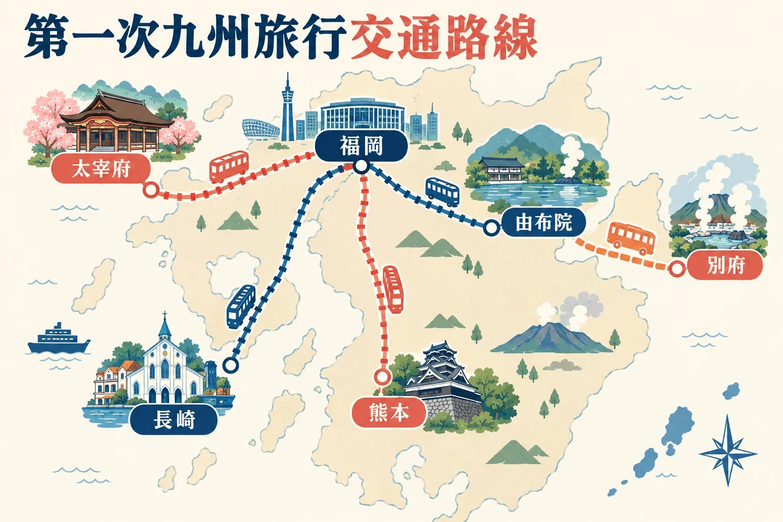 九州十四日美食自駕大環線示意圖：由福岡串聯佐賀、長崎、熊本、鹿兒島、宮崎與大分