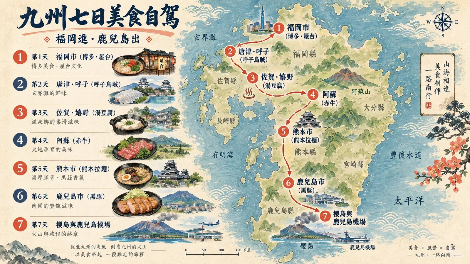 九州七日福岡出發美食自駕路線示意圖：北部海鮮、阿蘇高原與南九州料理區域