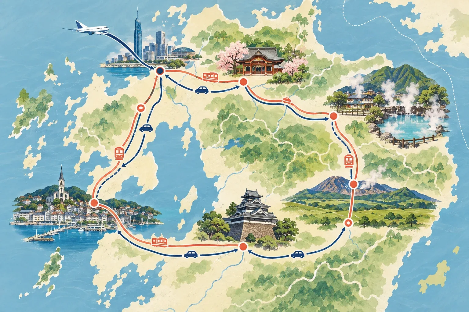 九州初次旅行路線示意圖:福岡市、太宰府、由布院、別府、熊本與長崎交通分支