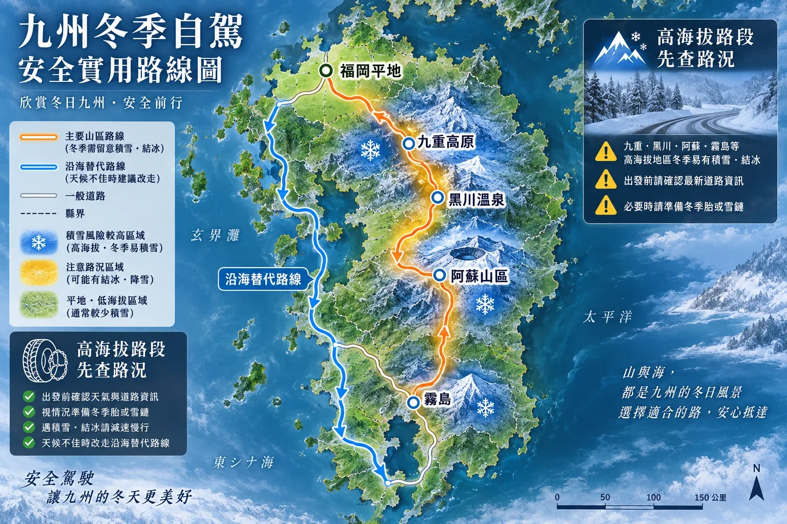 九州冬季自駕路況示意圖:山區積雪路段、輪胎雪鏈提示與沿海替代路線