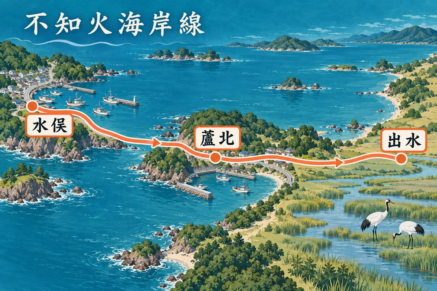 水俣、蘆北與出水自駕路線示意圖:不知火海岸、海灣沙灘與出水鶴田濕地