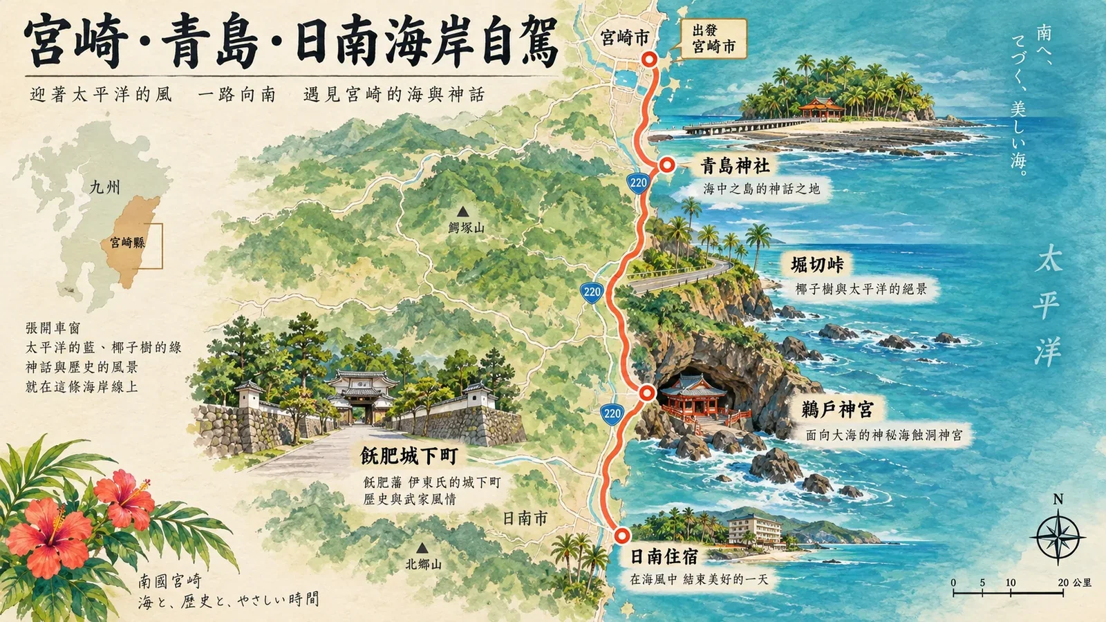 宮崎、青島、日南海岸與飫肥的三日自駕方向圖
