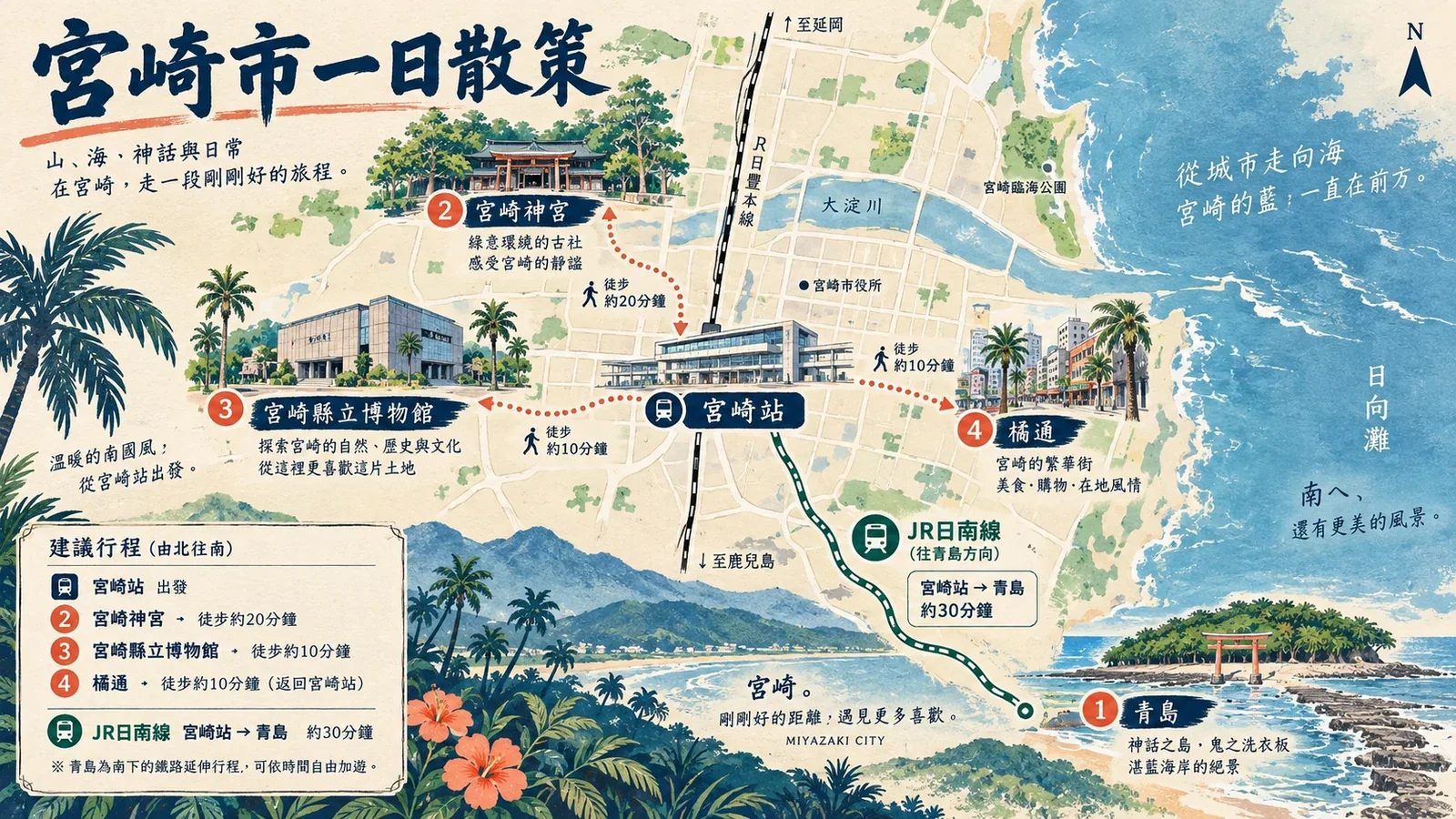 宮崎市一日遊路線圖:宮崎神宮、縣立博物館、市中心橘通與用餐區的無車動線
