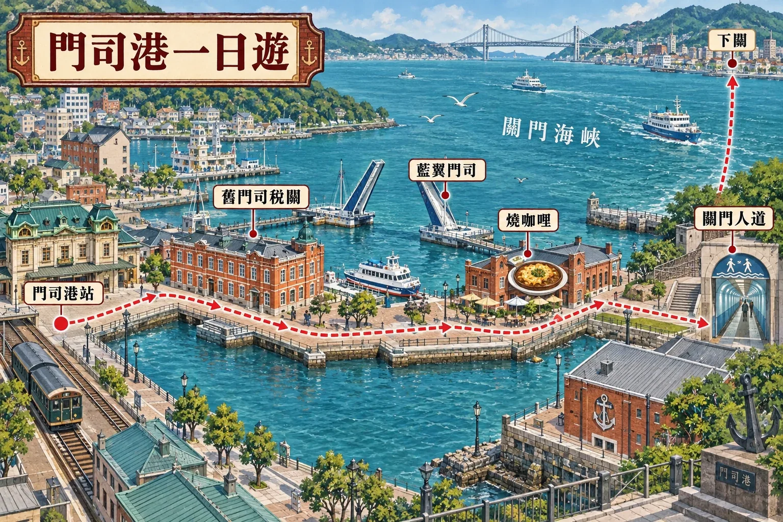 門司港懷舊區一日散策路線示意圖：車站、紅磚海關、港灣步道與關門海峽沿岸建築