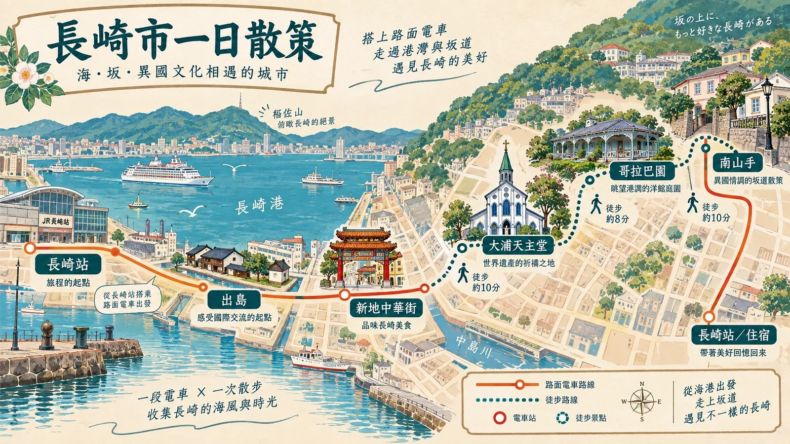 長崎一日步行與市電路線圖:南山手、新地、出島、眼鏡橋及夜景選擇