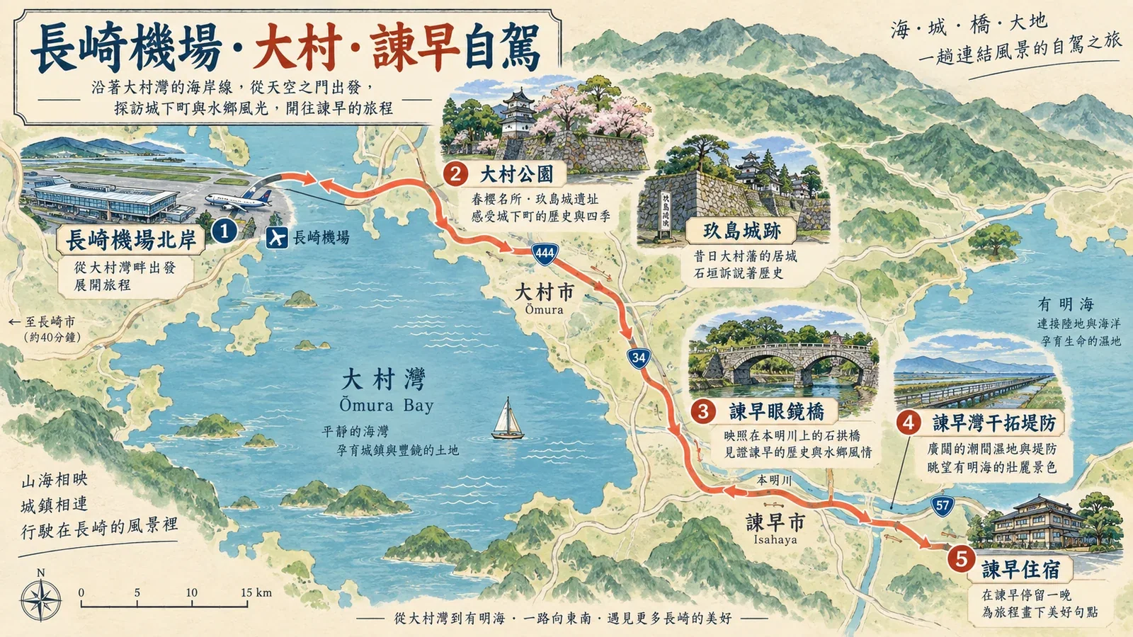 長崎機場、大村與諫早自駕路線示意圖：大村灣機場海岸、城下町與諫早眼鏡橋濕地