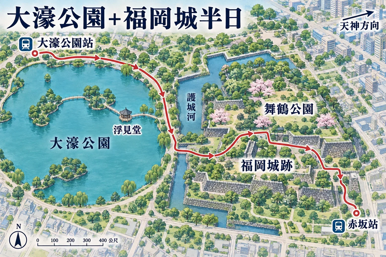大濠公園與福岡城跡半日散步路線示意圖：護城河環道、舞鶴公園及天神方向位置