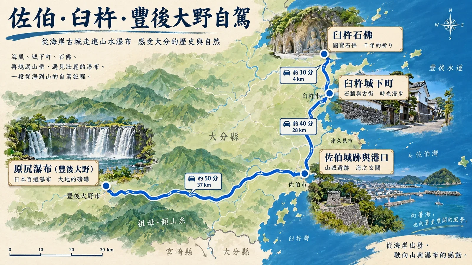 佐伯、臼杵與豐後大野自駕路線示意圖:臼杵石佛、海港城鎮與山谷瀑布