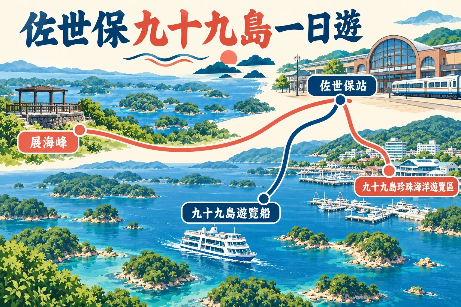 佐世保與九十九島一日遊路線圖：車站往珍珠海洋遊覽區，另以自駕延伸展海峰