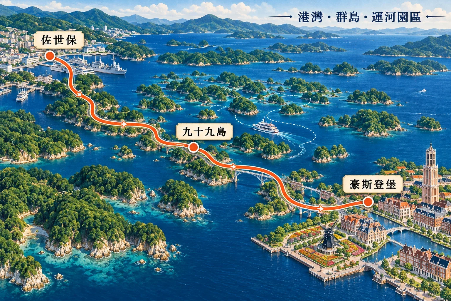 佐世保、九十九島與豪斯登堡自駕路線示意圖：群島海灣、遊船航道與運河主題園區