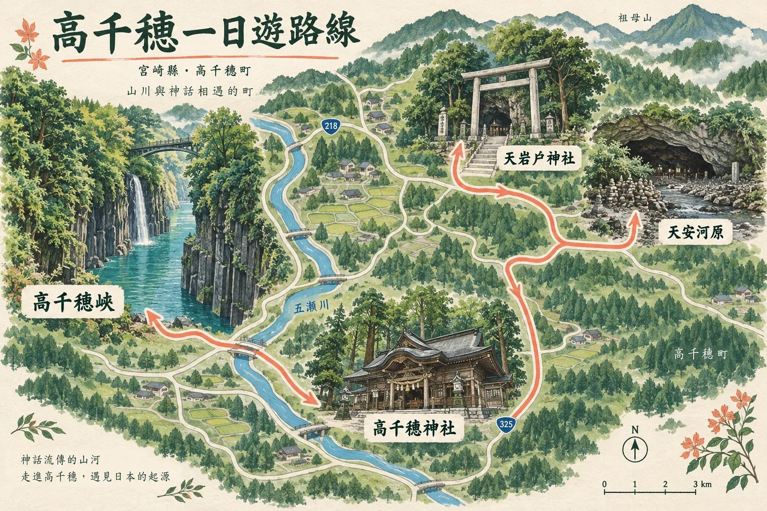 高千穗一日遊路線圖：高千穗峽、天岩戶神社、天安河原與高千穗神社