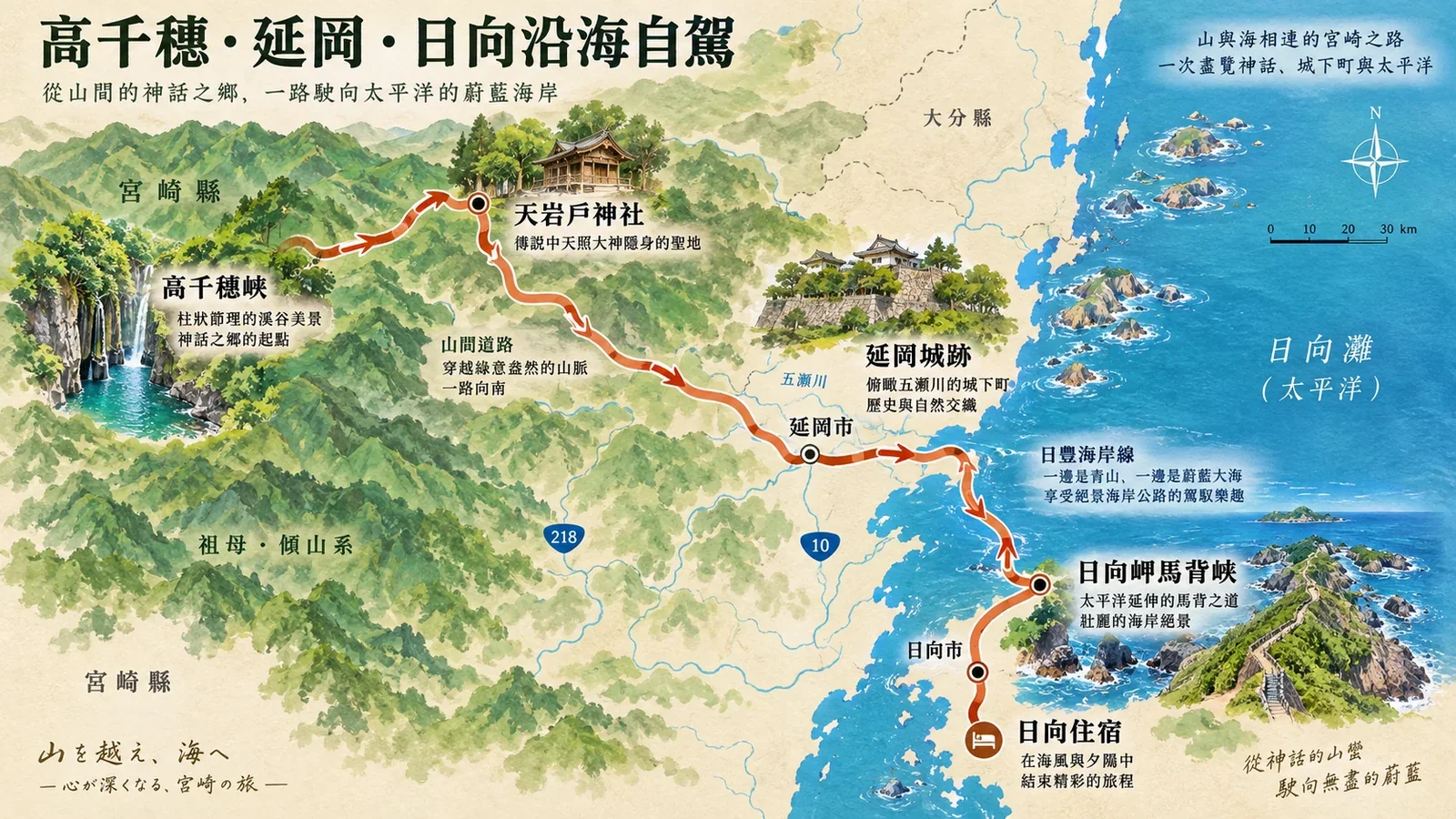 高千穗、延岡與日向自駕路線圖：山區一路南下至延岡，再沿海岸往日向
