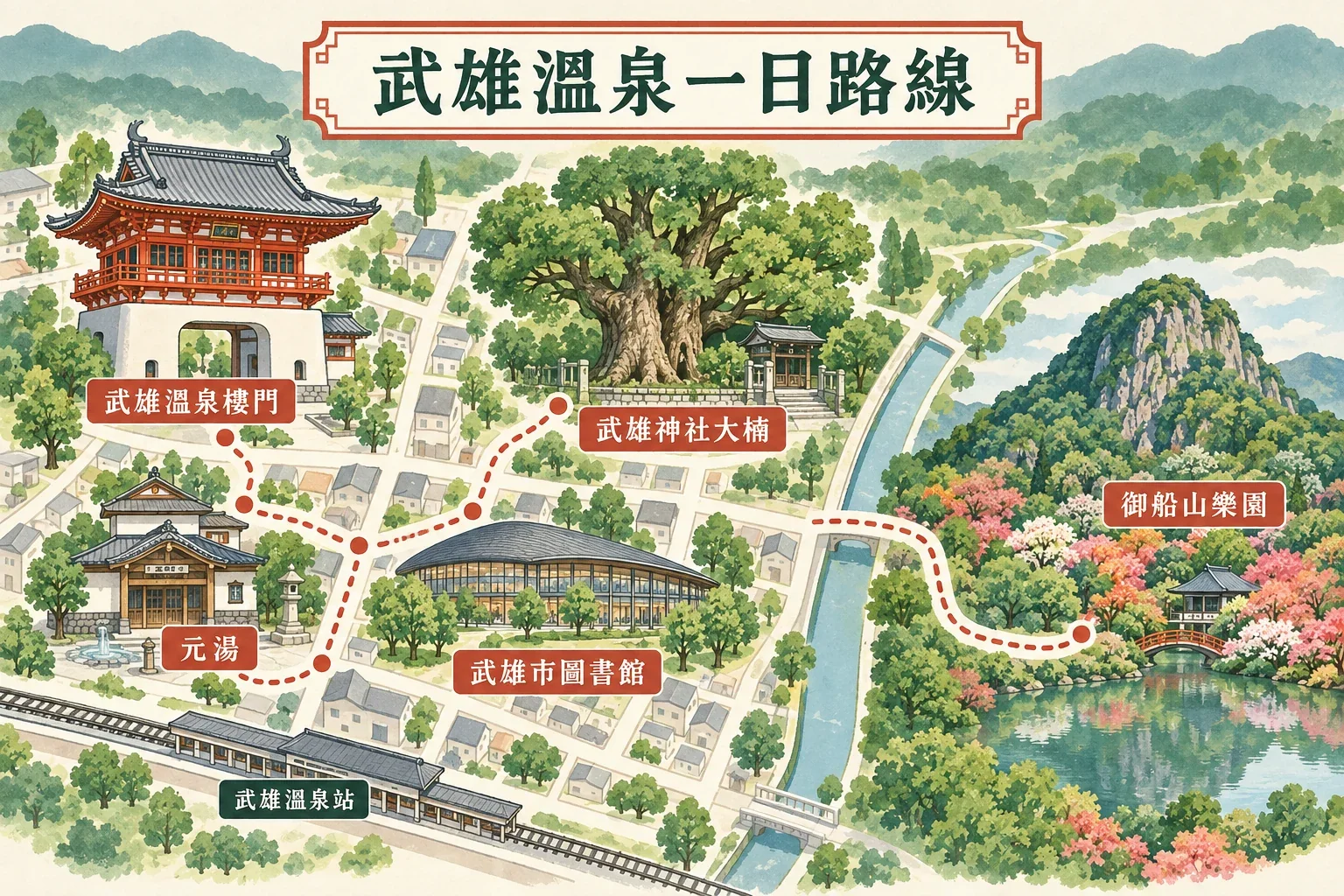 武雄溫泉一日遊路線圖：樓門、元湯、圖書館、武雄神社大楠與御船山樂園