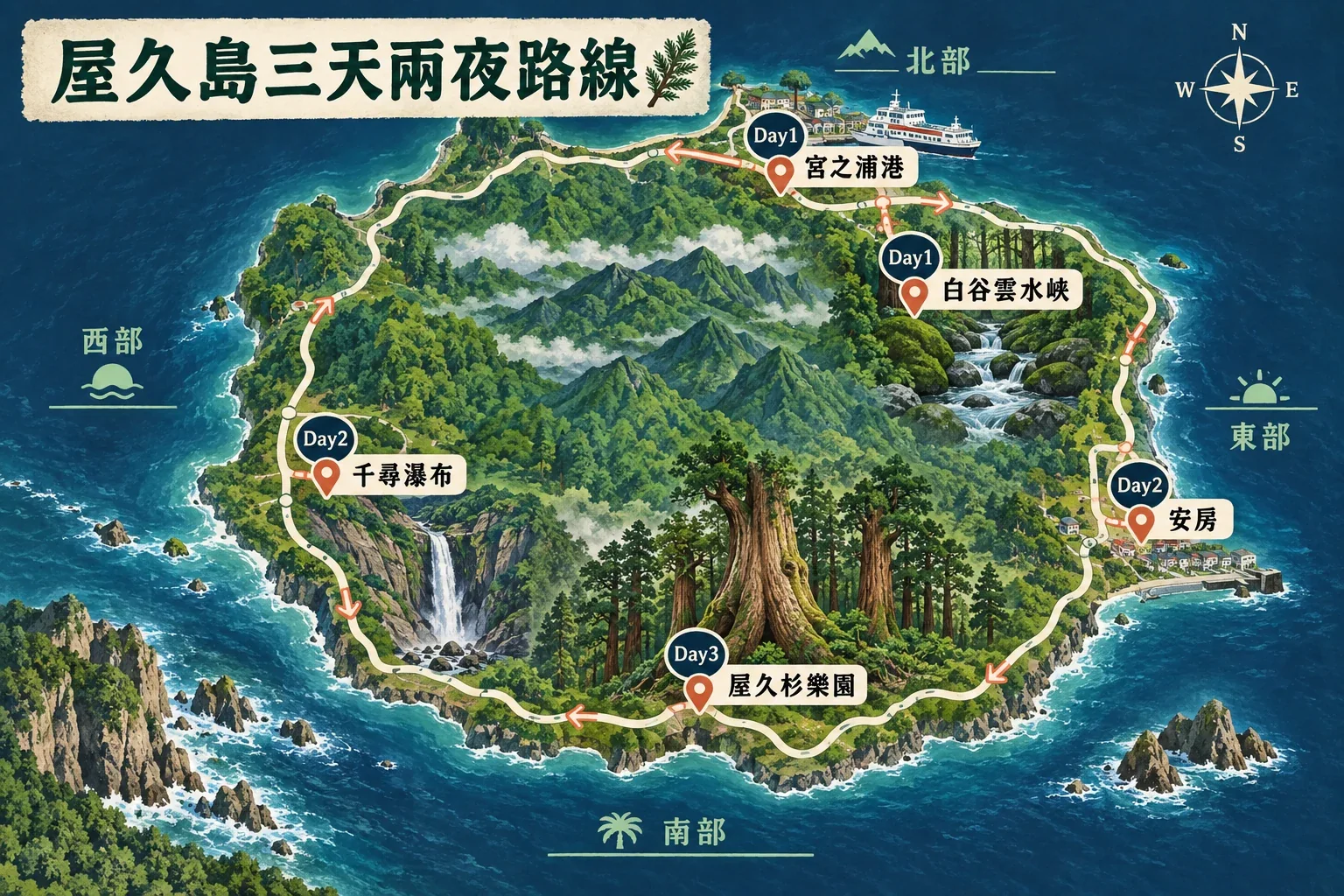 屋久島三天兩夜路線圖:宮之浦港、縄文杉或ヤクスギランド、大川瀑布與回程船班