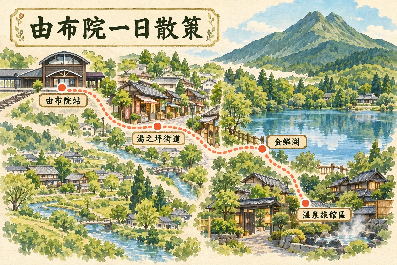 由布院散策路線示意圖：車站、湯之坪街道、金鱗湖與溫泉旅館區的步行關係