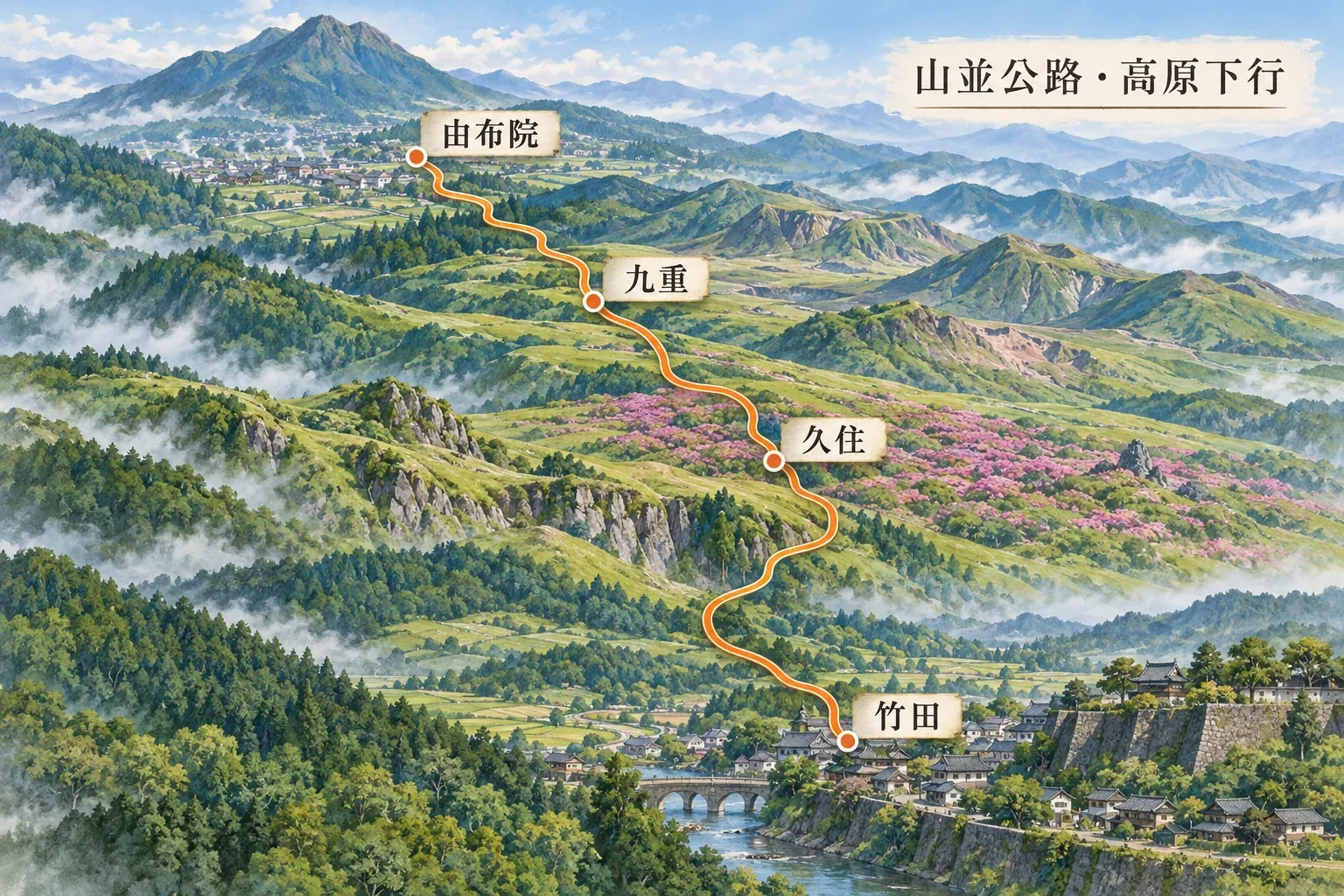 由布院、九重與竹田一帶的自駕路線圖
