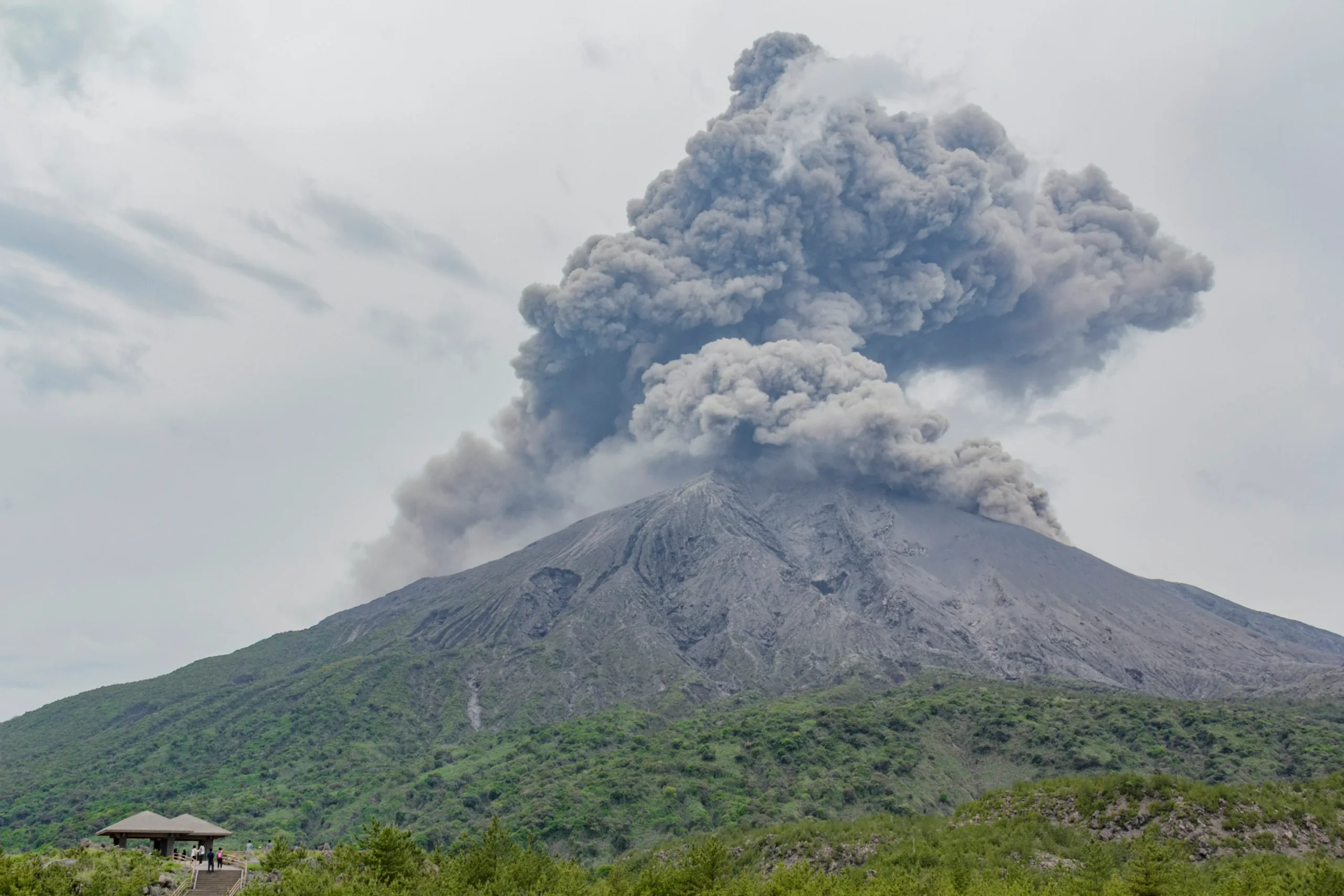 櫻島火山山體上方升起一大片灰白色噴煙