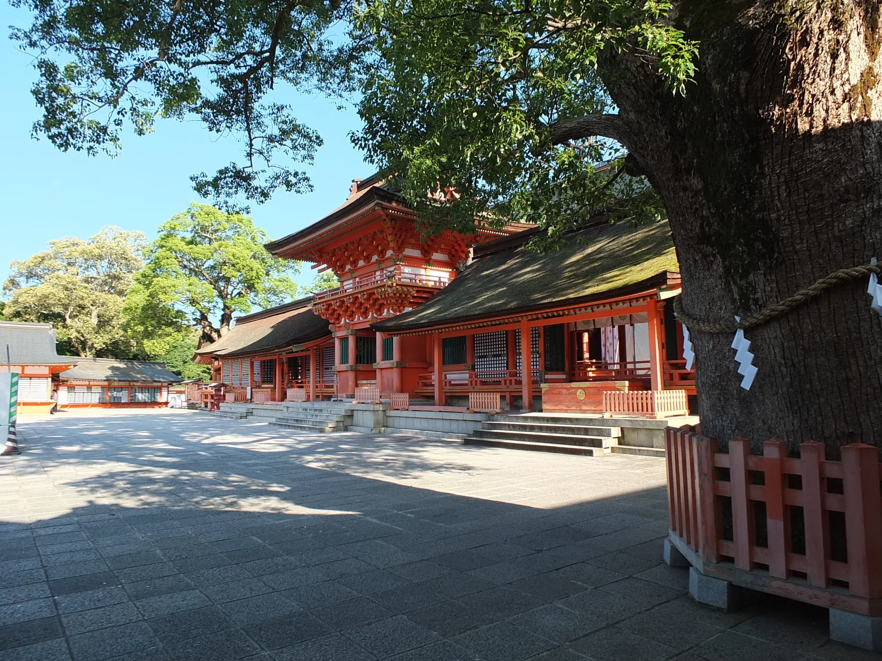 宇佐神宮上宮本殿與朱色社殿坐落在樹林之間